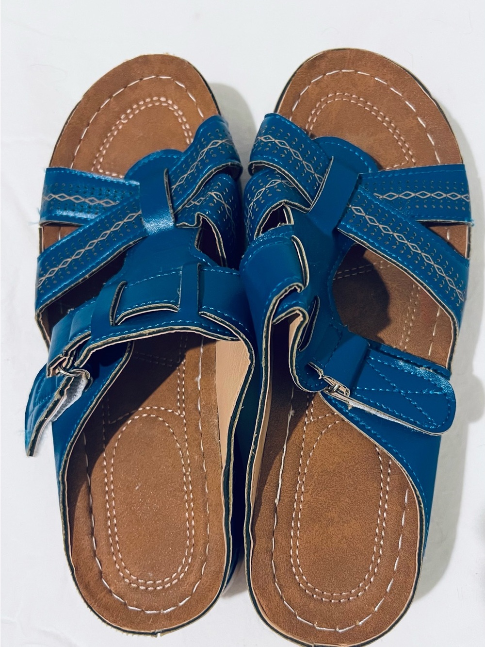 Sandals, Blue Faux Leather with Adjustable Straps. Comfortable Slides.  Size 6